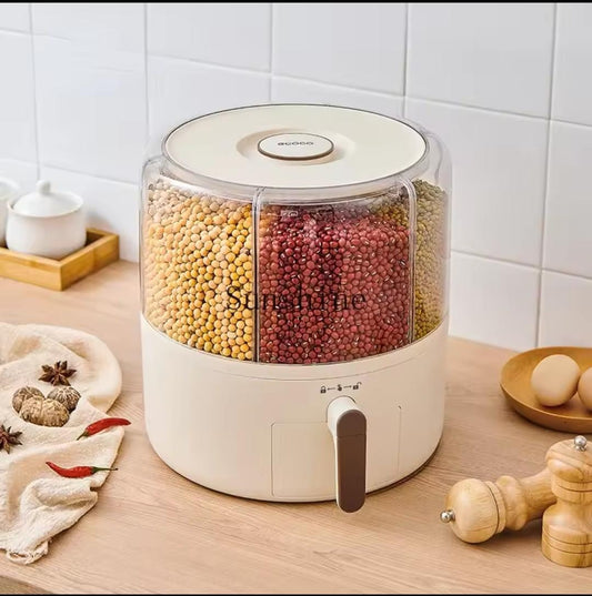 360° Rotating Grain Dispenser, Multi Grain Dispenser Bucket, Moisture Proof Cuisine Organizer, Rotary Partition Sealed Jar, Measuring Container Kitchen Grains Rice Storage Bucket Food Organizer