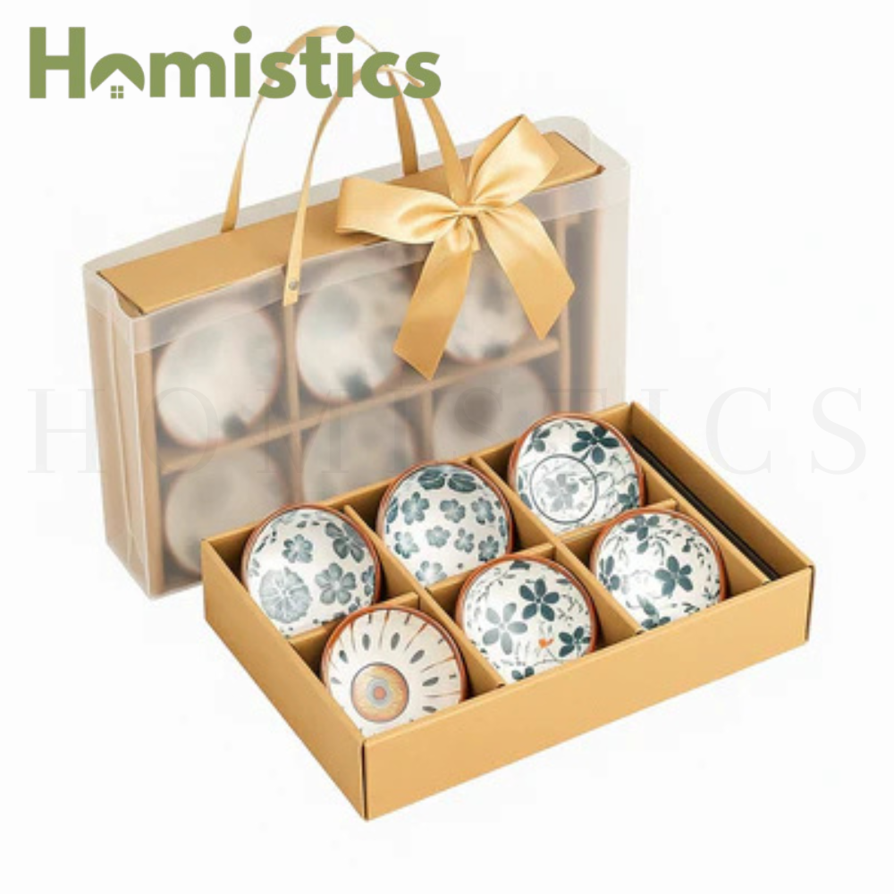 Elegant Japanese Ceramic Bowls with Golden Ribbon Bag – Set of 6