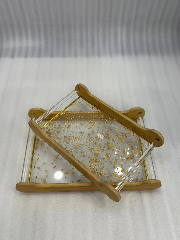 Acrylic Display Tray Bamboo Handle Gold Flake
