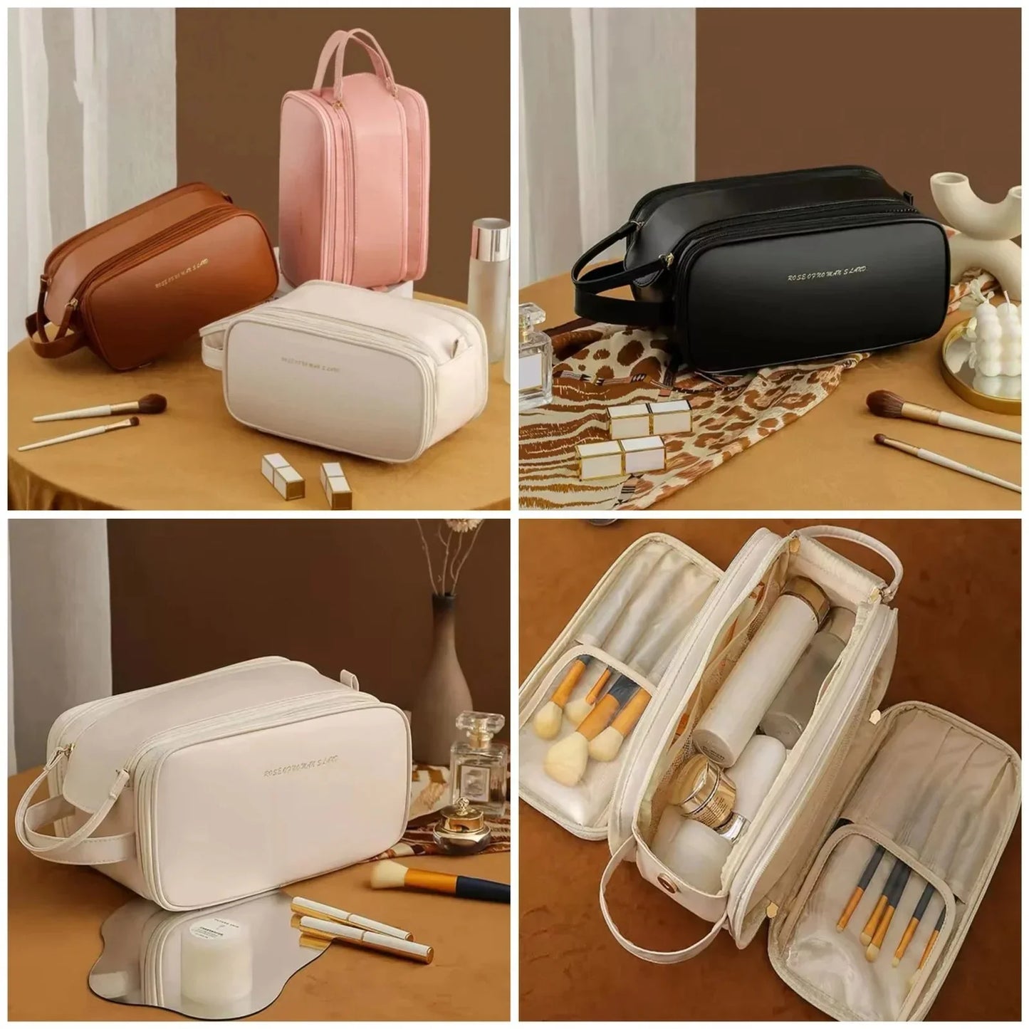 3 Layer Cosmetic Bag , Double Zipper With Handle Storage Organizer