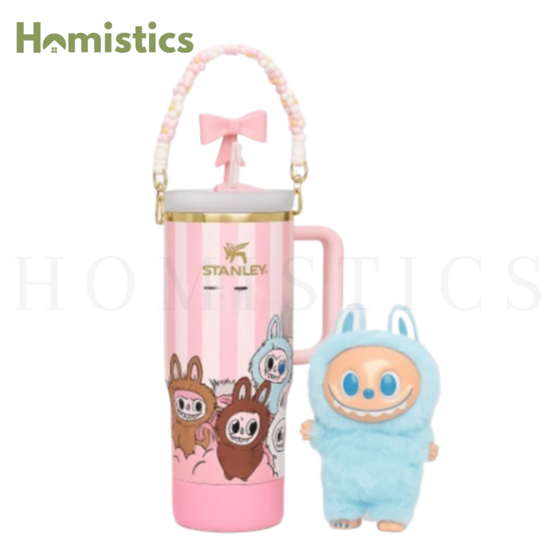Stanley X Labubu Quencher Tumbler 40oz With Labubu Doll - PINK STRIPES