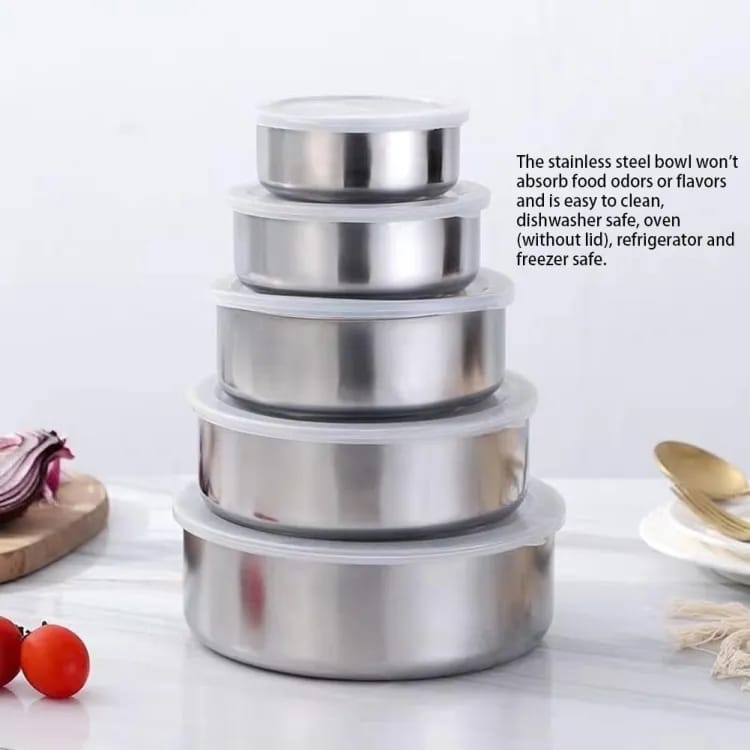 5-Piece Stainless Steel Mixing & Storage Bowl Set with Lids – Airtight & Versatile for Kitchen & Fridge
