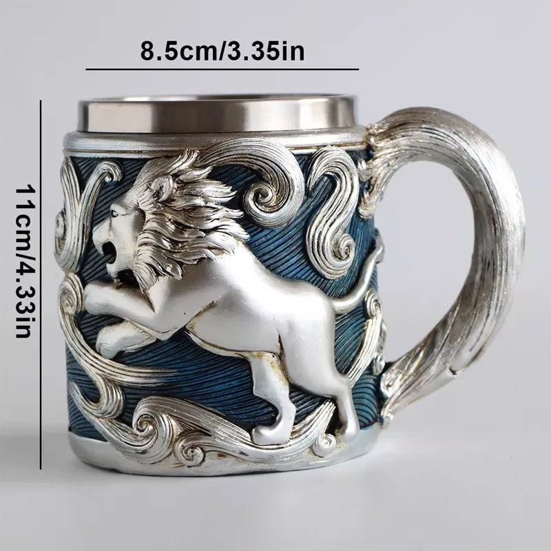 Lion Metal Mug 400ml | Stainless Steel Medieval Beer Tankard | Vintage Coffee Mug