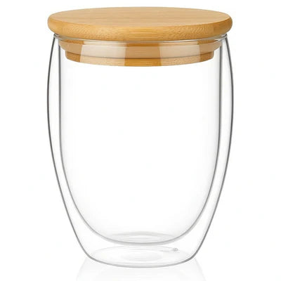 Double-Walled Glass Coffee Cup with Wooden Lid