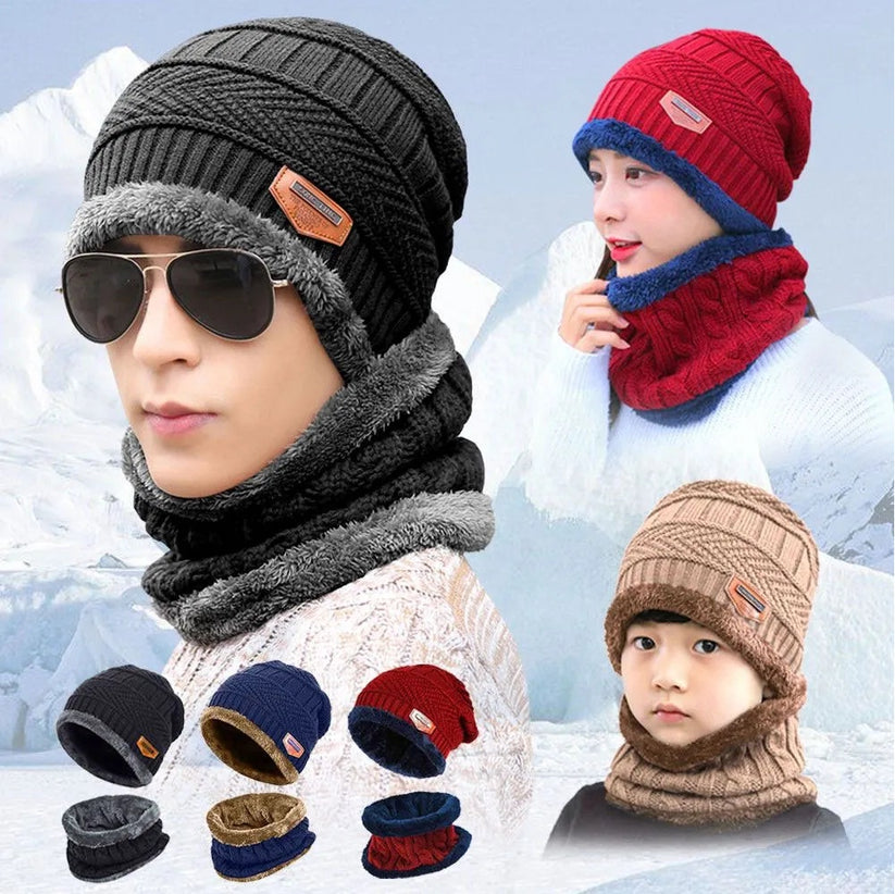 Winter Cap and neck Elastic Knitting Thick Fleece Warm Woolen Beanie Cap Sport Hat Neck Scarf Set 2 Piece