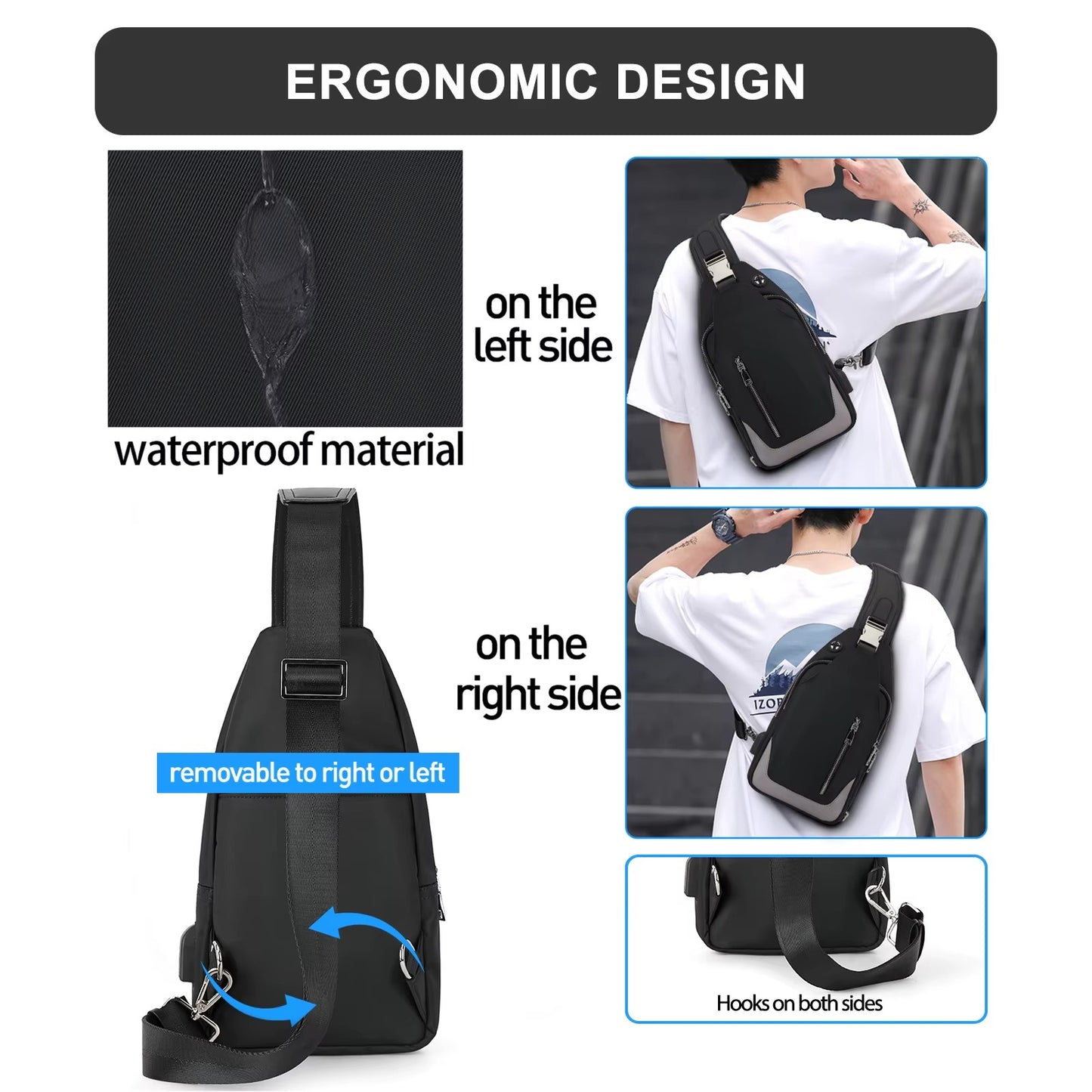 Kangaroo Premium Chest Bag for Men – USB Charging, Waterproof, Large Capacity, Anti-Theft Sling Bag