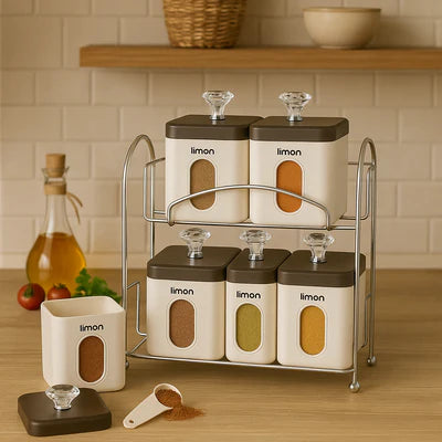 Limon 7-Piece Spice Jar Set with Metal Rack