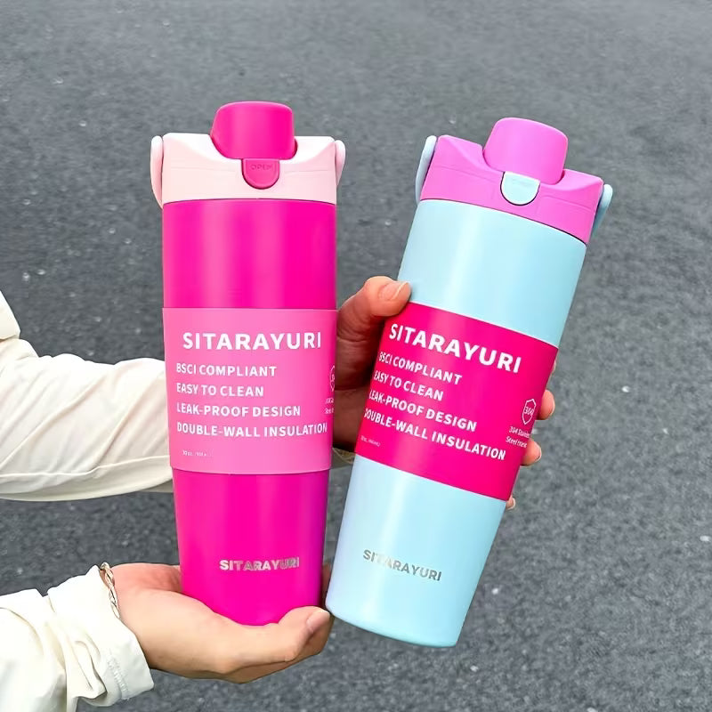 SITARAYURI Stainless Steel Vacuum Insulated Water Bottle with Handle & Straw Lid | 900ml