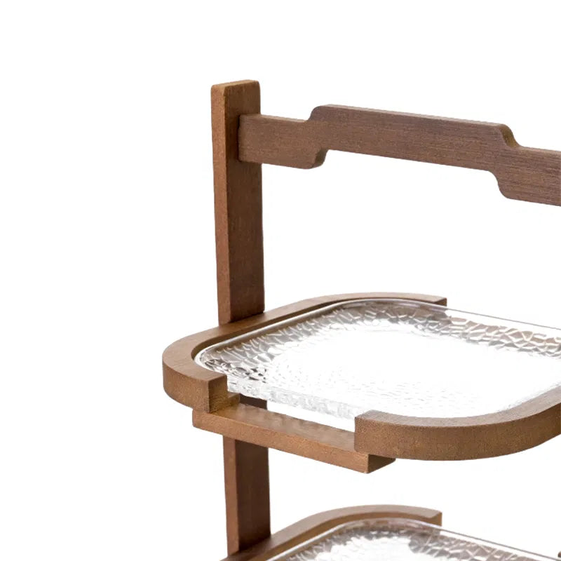 Walnut 3-Tier Serving Stand with Textured Glass Trays