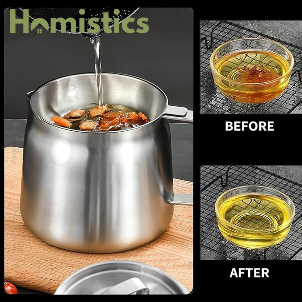 Stainless Steel Oil Storage Container with Lid and Strainer