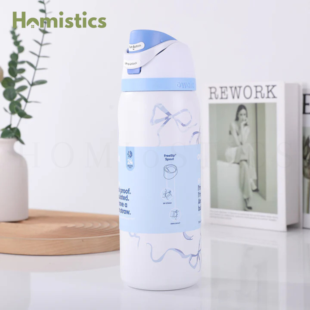 Owala FreeSip 32oz Tied & True Blue Bow water bottle front view Pakistan