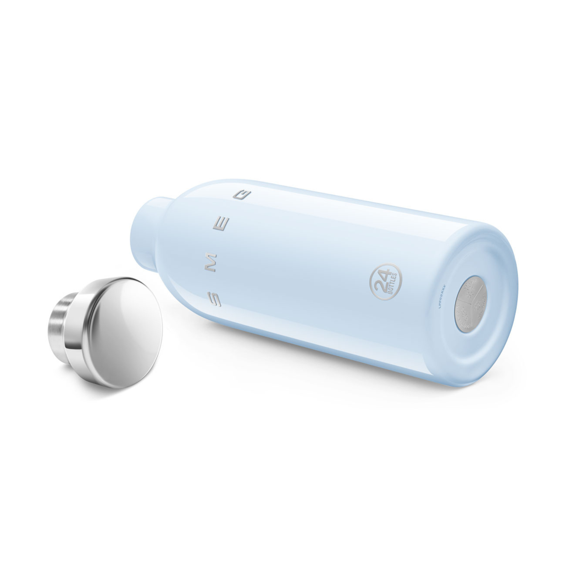 SMEG Clima Bottle Pastel Blue 500 ml closeup glossy finish embossed logo
