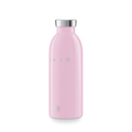 Pink water bottle with silver cap on a white background