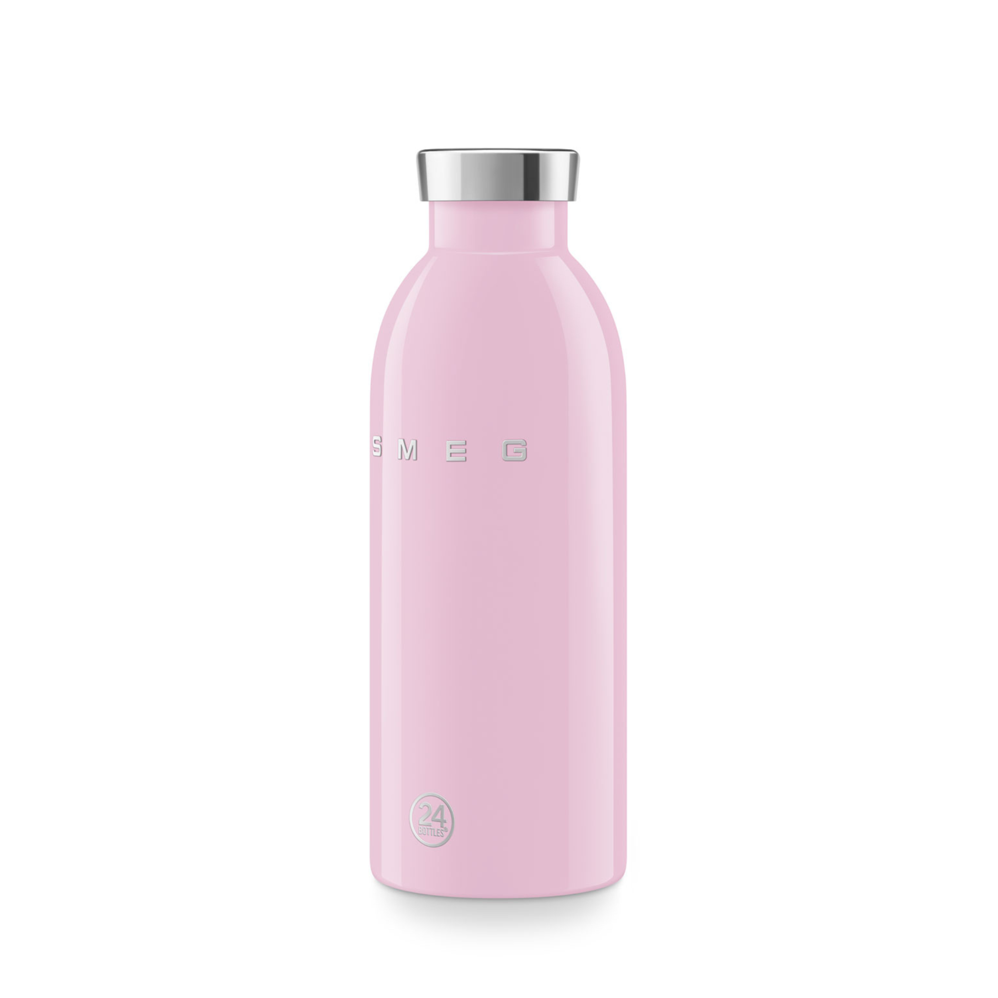Pink water bottle with silver cap on a white background
