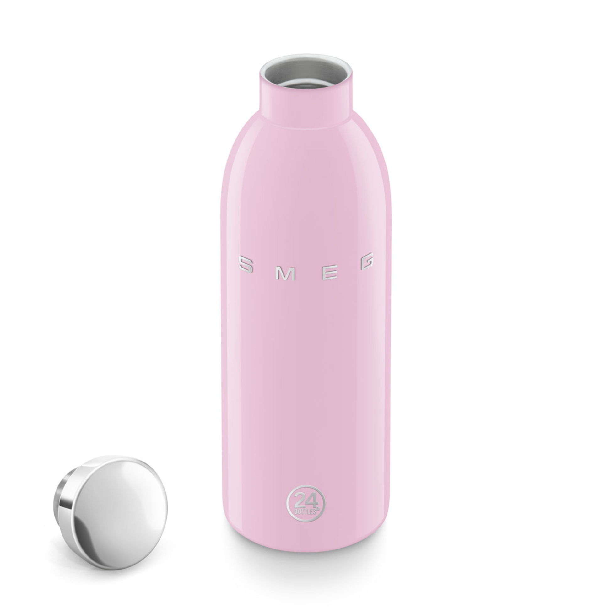 Pink water bottle with silver cap on a white background